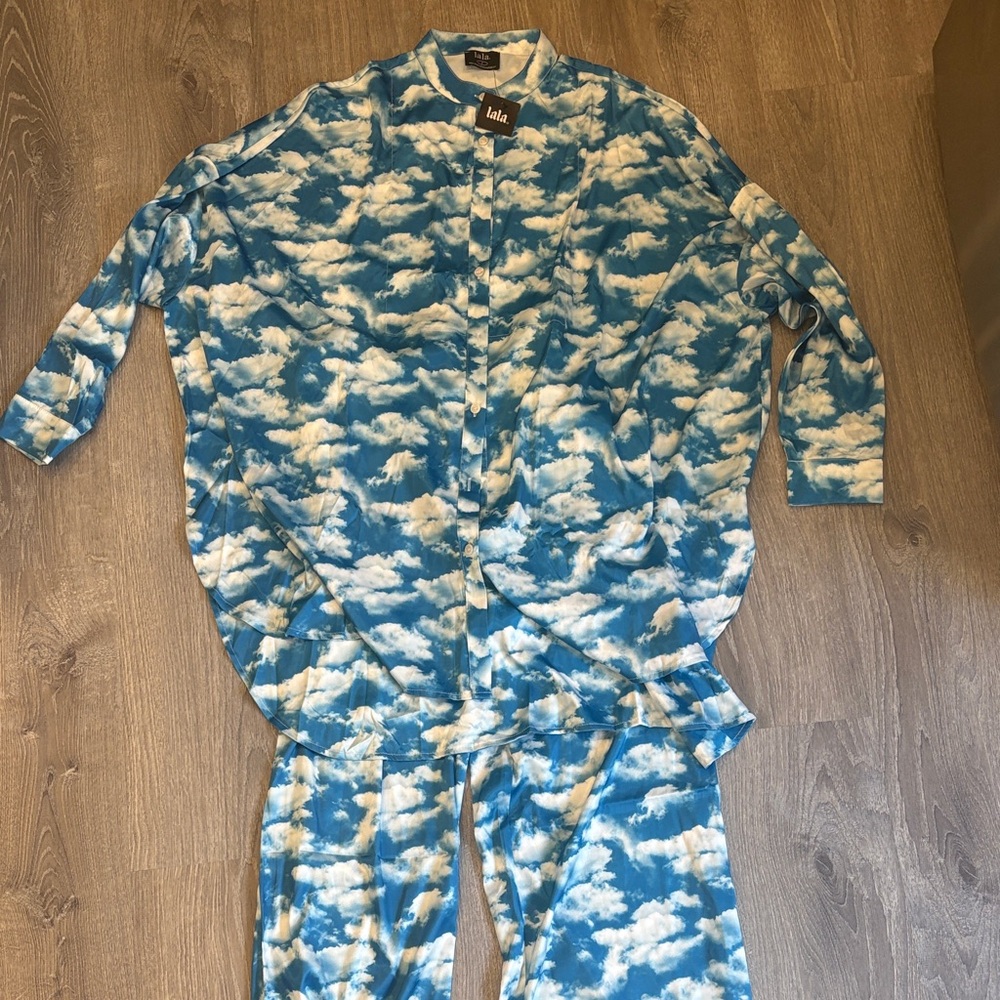 Dressed in LALA Blue and White Cloud shirt and pants set